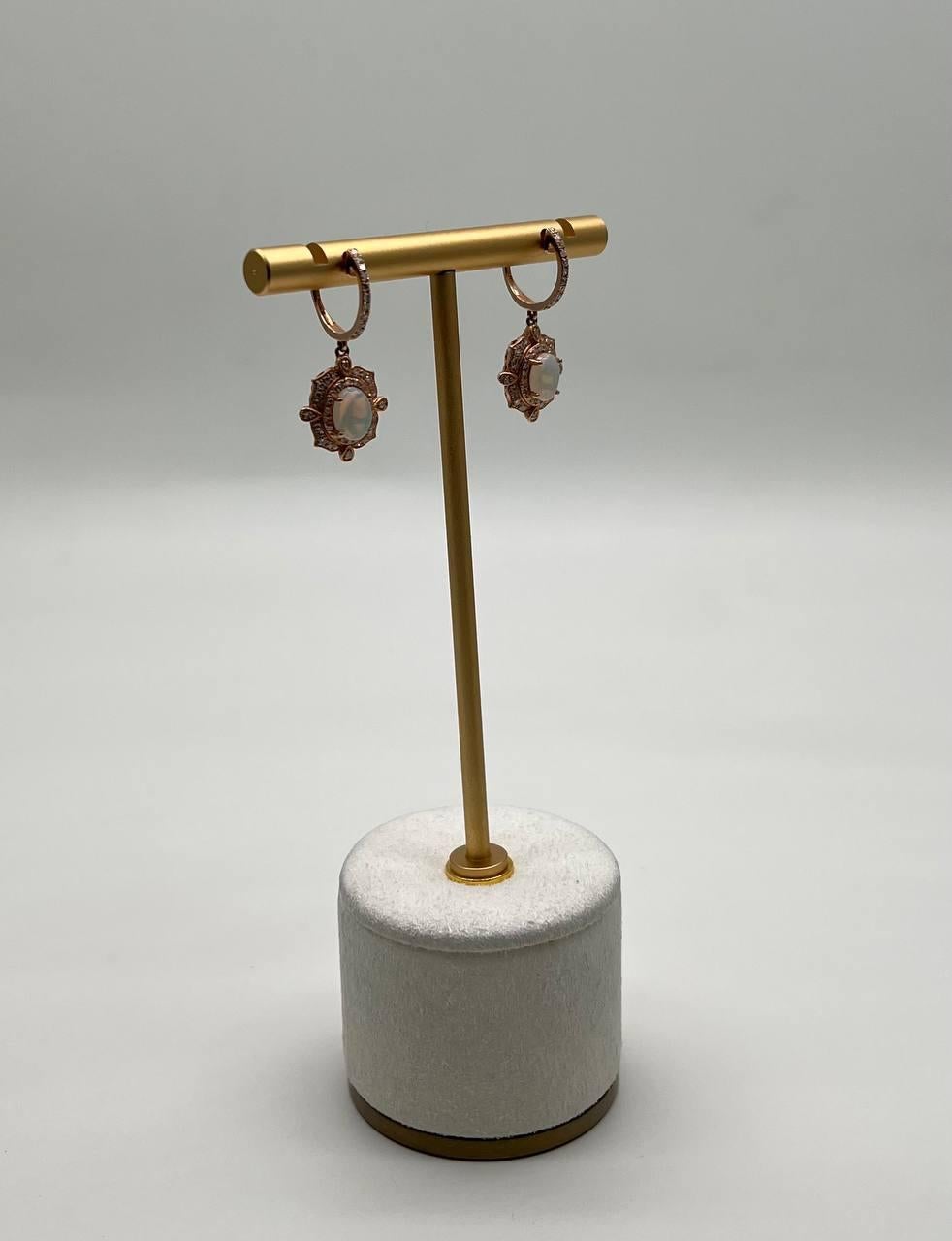 Oval Cut White Opal Diamonds Halo 14K Rose Gold Statement Drop Dangle Earrings For Sale