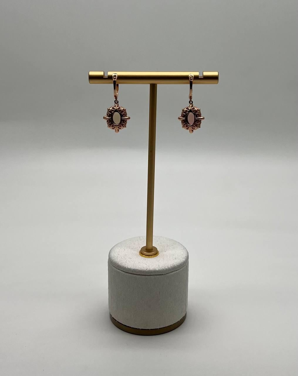 White Opal Diamonds Halo 14K Rose Gold Statement Drop Dangle Earrings In New Condition For Sale In Oakton, VA