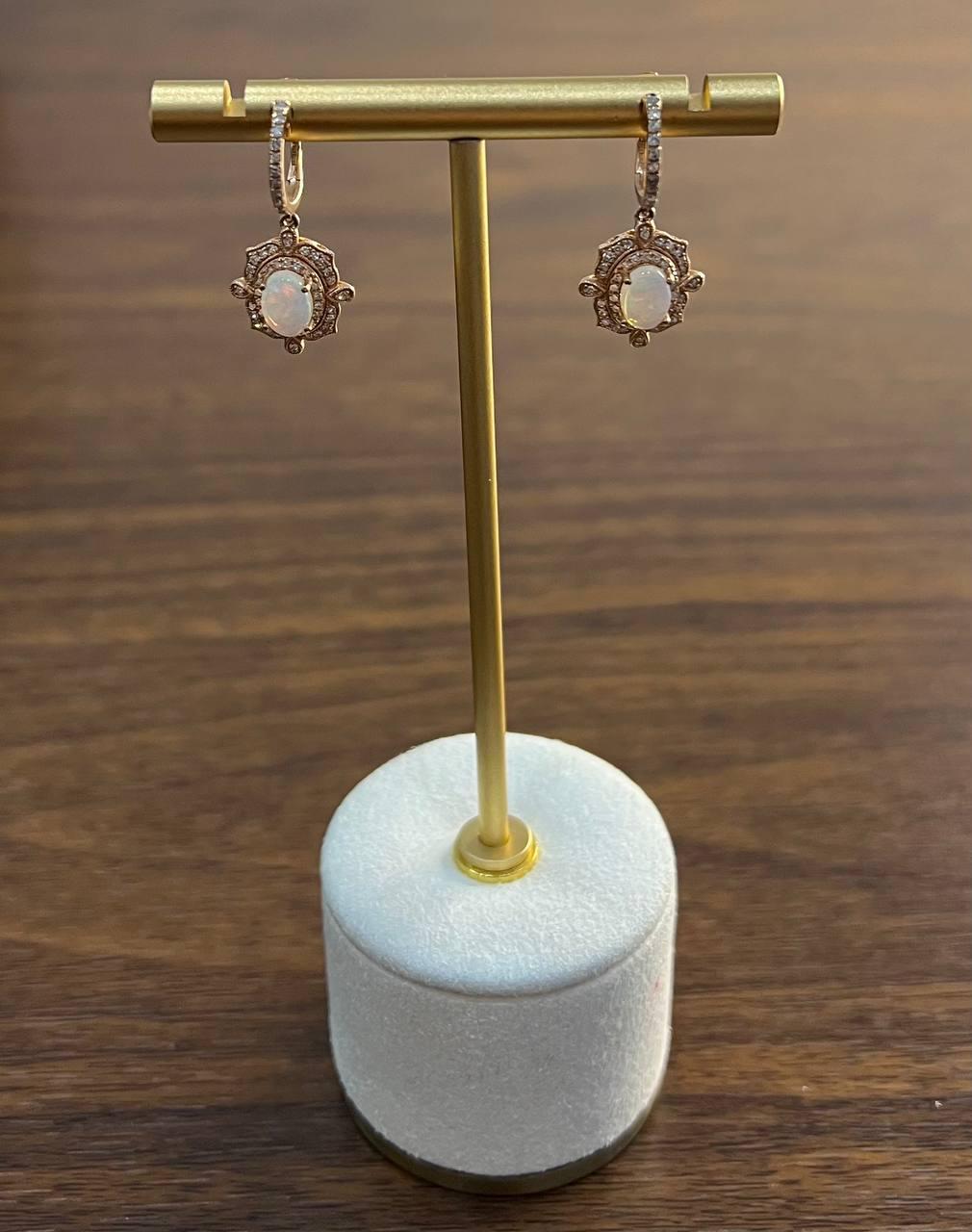 Women's White Opal Diamonds Halo 14K Rose Gold Statement Drop Dangle Earrings For Sale
