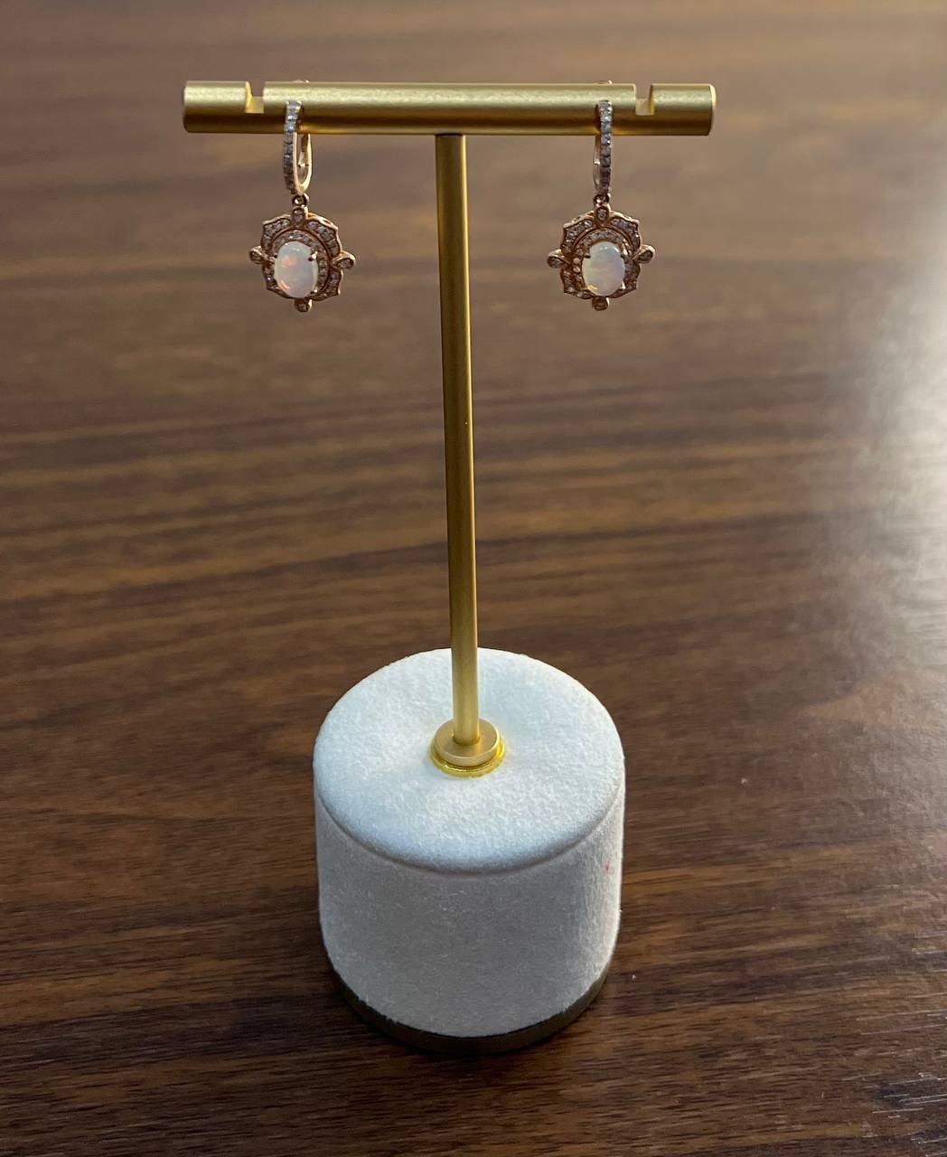 White Opal Diamonds Halo 14K Rose Gold Statement Drop Dangle Earrings For Sale 1