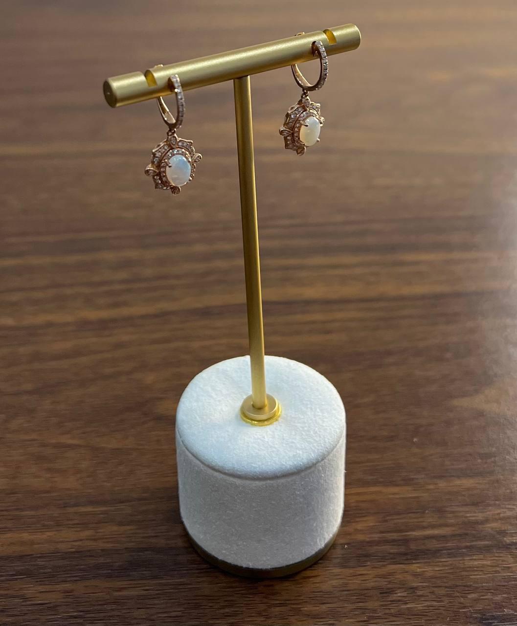 White Opal Diamonds Halo 14K Rose Gold Statement Drop Dangle Earrings For Sale 2
