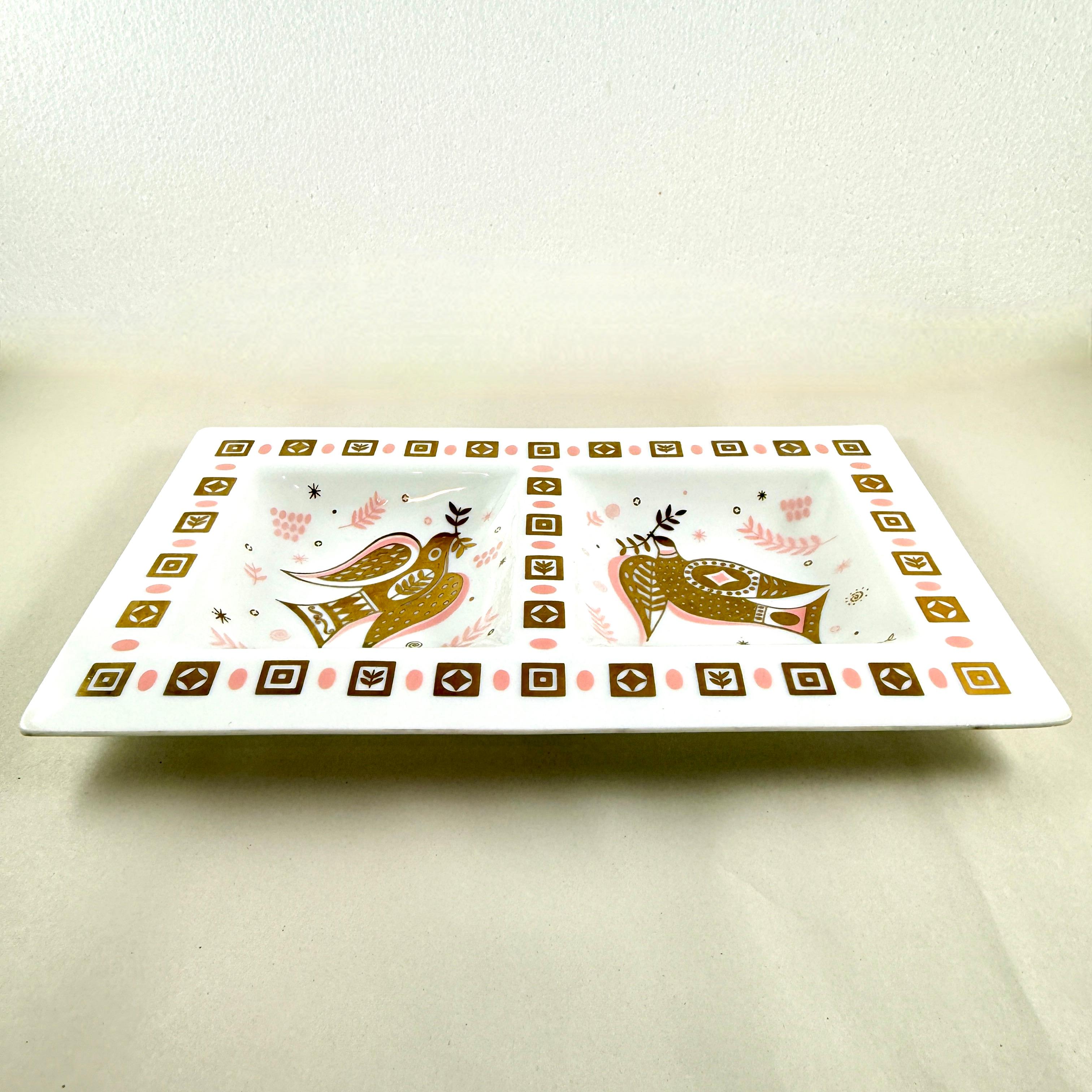 American White Opal Glass Peace Dove Double Server, Briard, 1960s For Sale
