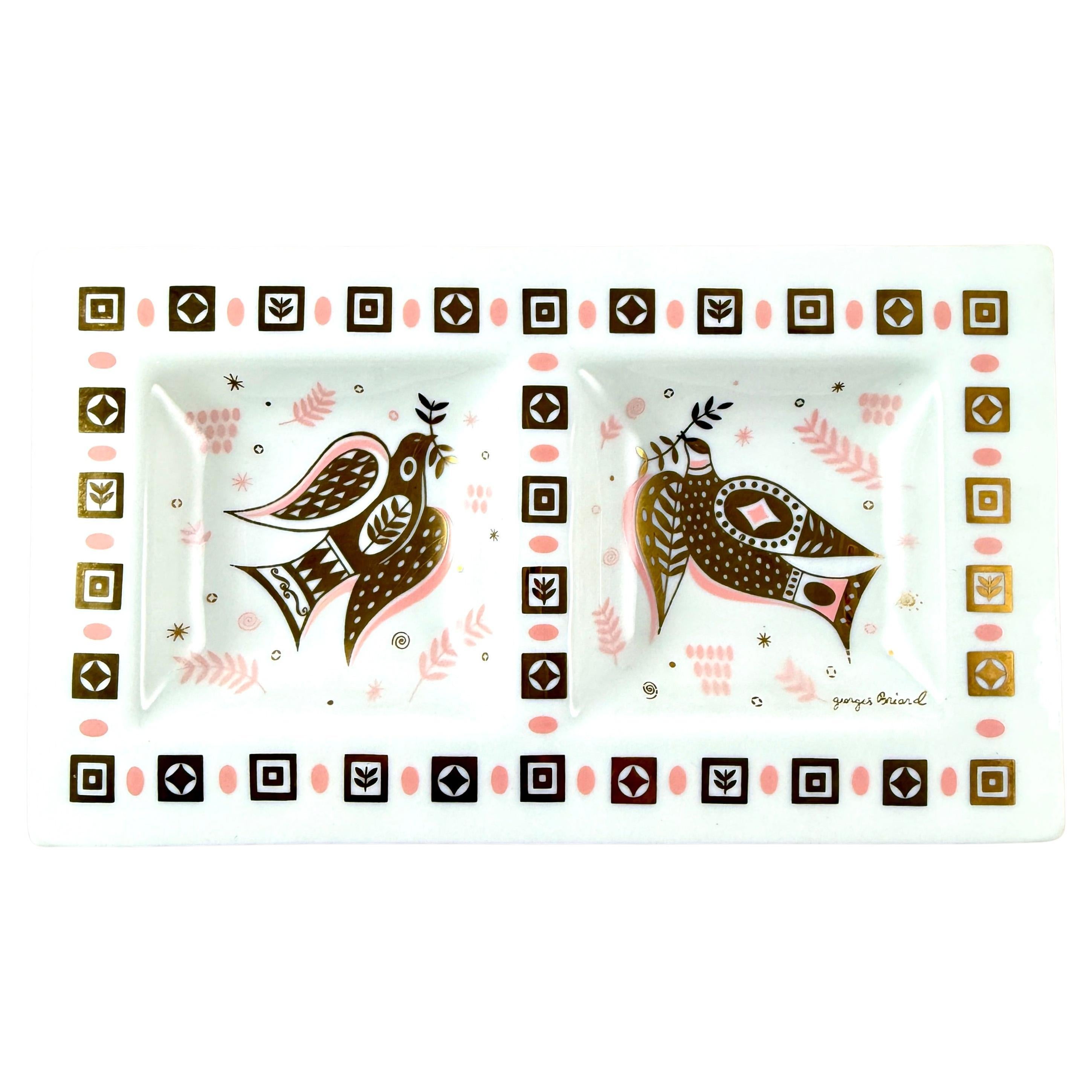 Double serveur Peace Dove en verre opale blanc, Briard, années 1960