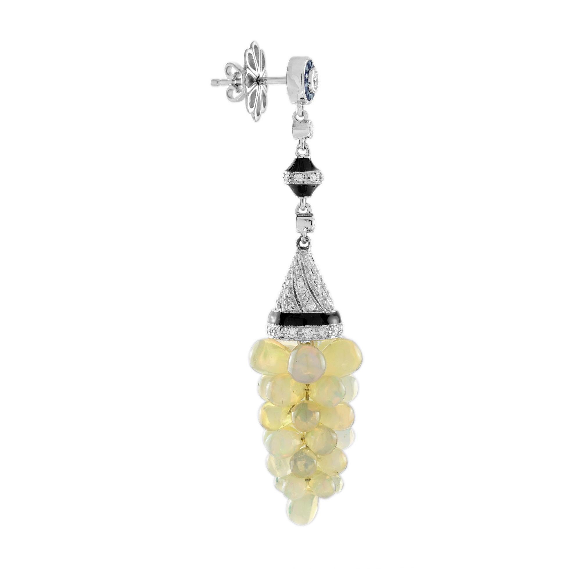 White Opal Grape Diamond Blue Sapphire Black Enamel Vintage Style Drop Earrings Art Decó en venta