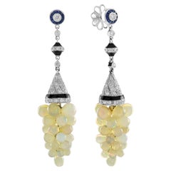 White Opal Grape Diamond Blue Sapphire Black Enamel Vintage Style Drop Earrings