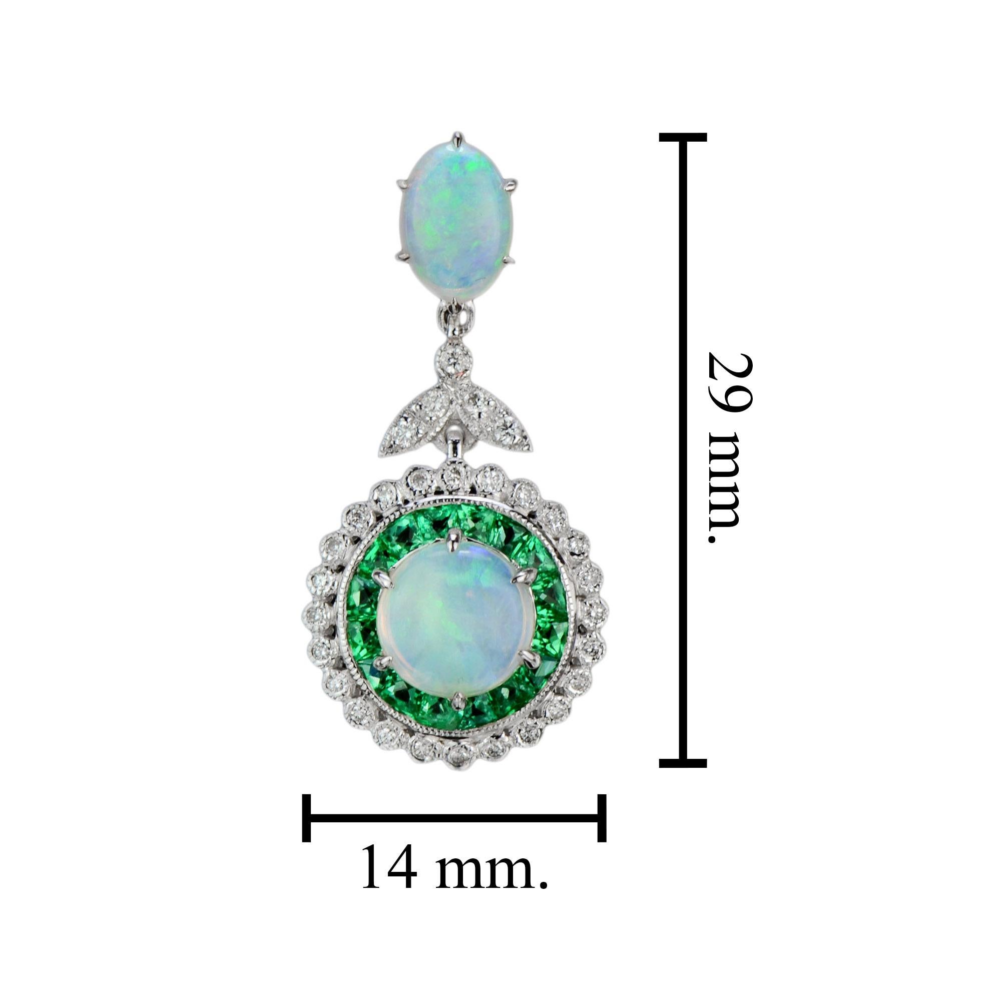 Taille ronde Pendentif en or blanc 18 carats opale blanche et émeraude verte avec halo de diamants de style Art Deco en vente