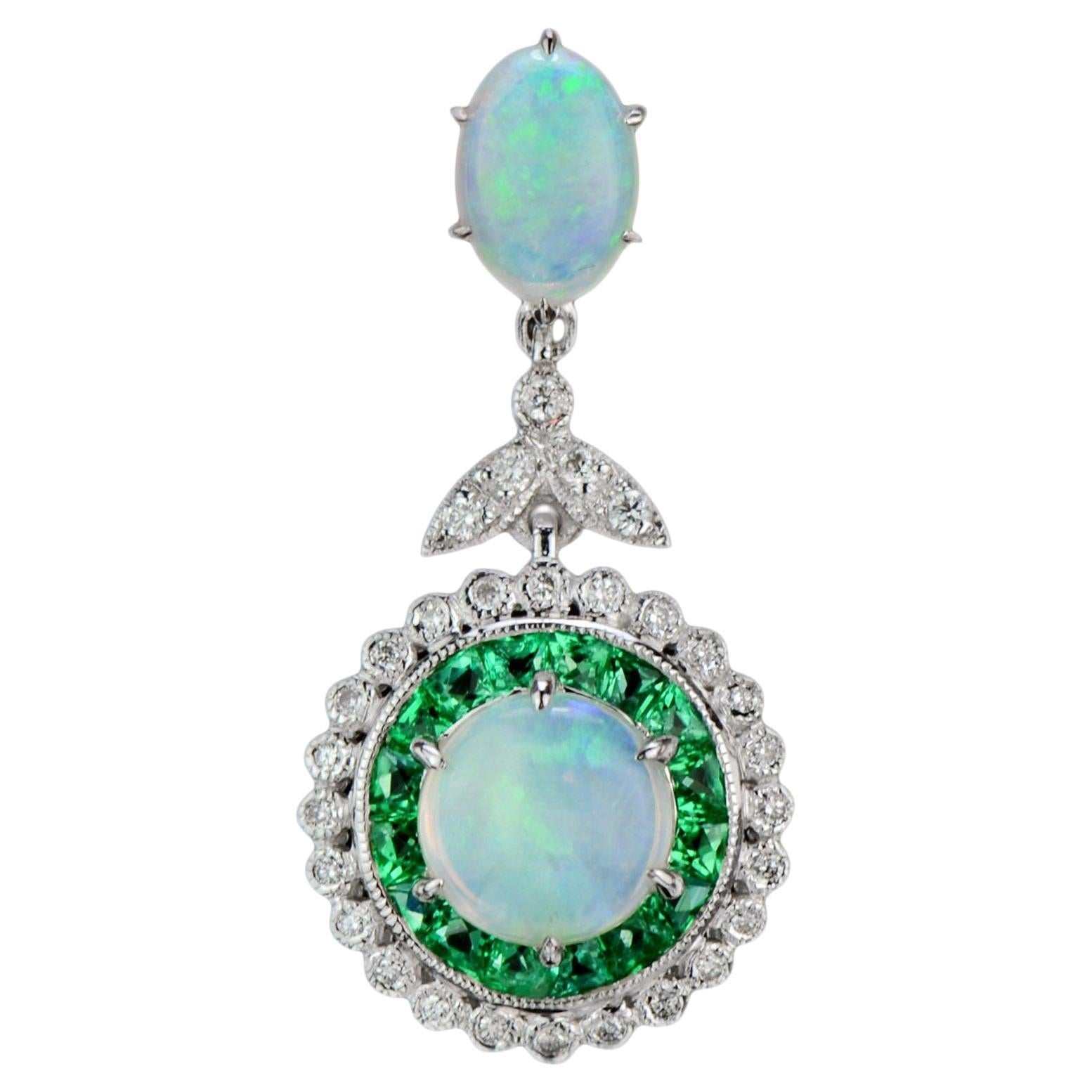 White Opal & Green Emerald Diamond Halo Art Deco Style 18K White Gold Pendant