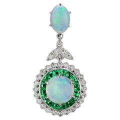 White Opal & Green Emerald Diamond Halo Art Deco Style 18K White Gold Pendant