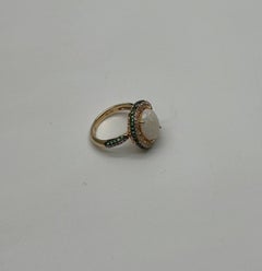White Opal Multi Diamonds Green Tsavorite Pave Set Layer 14K Gold Statement Ring