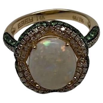 White Opal Multi Diamonds Green Tsavorite Pave Set Layer 14K Gold Statement Ring