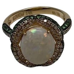 White Opal Multi Diamonds Green Tsavorite Pave Set Layer 14K Gold Statement Ring