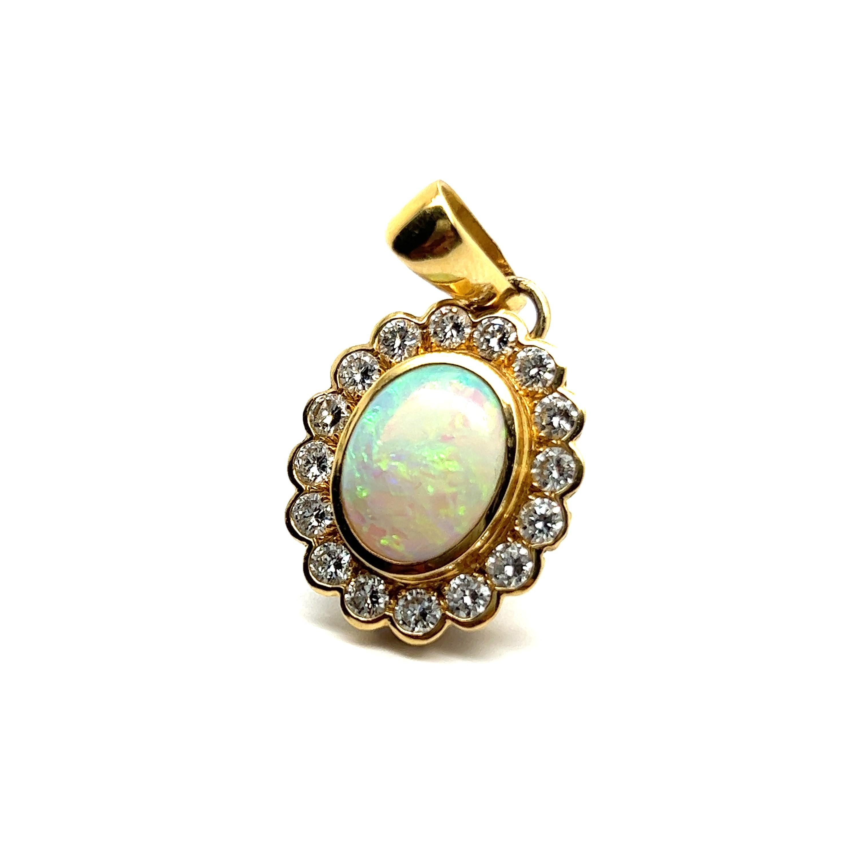 Brilliant Cut White Opal Pendant with Diamonds in 18 Karat Yellow Gold  For Sale