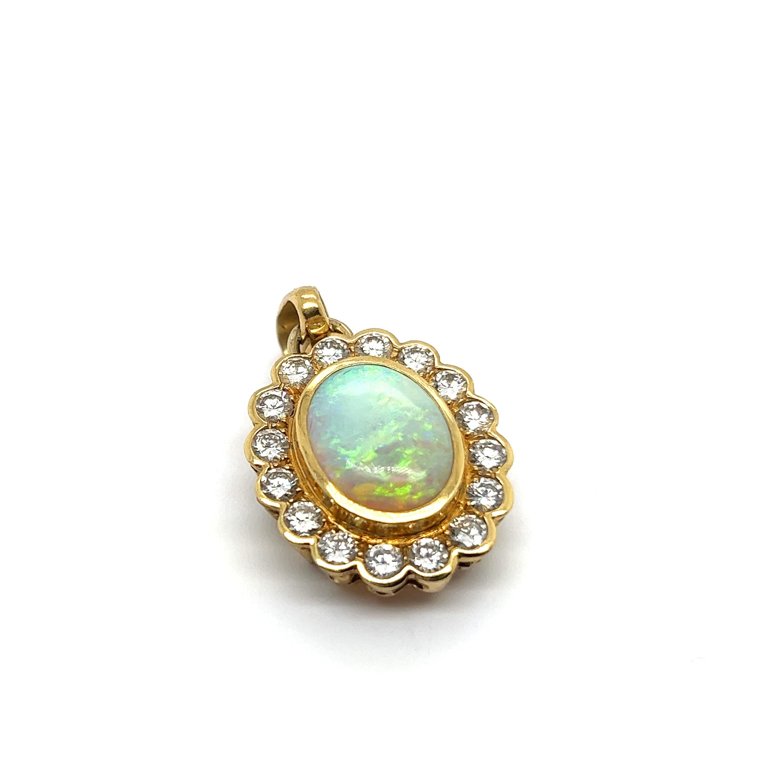 Women's or Men's White Opal Pendant with Diamonds in 18 Karat Yellow Gold  For Sale