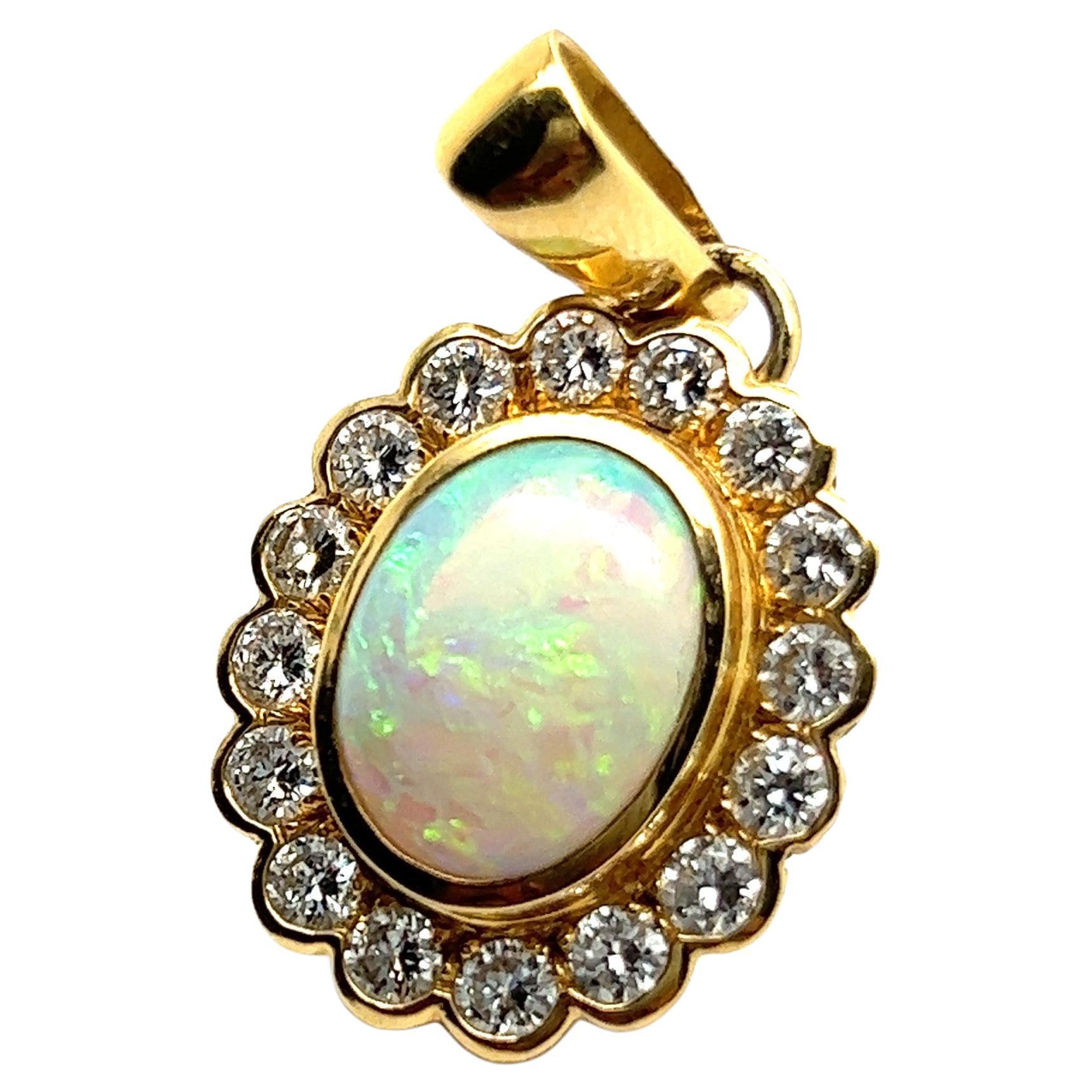 White Opal Pendant with Diamonds in 18 Karat Yellow Gold 