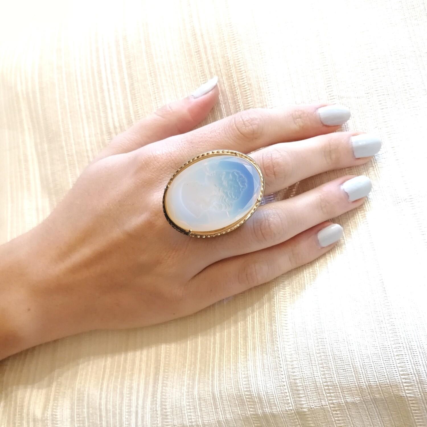 Artisan White Opal Ring in Pure Bronze and Murano Glass by Patrizia Daliana For Sale