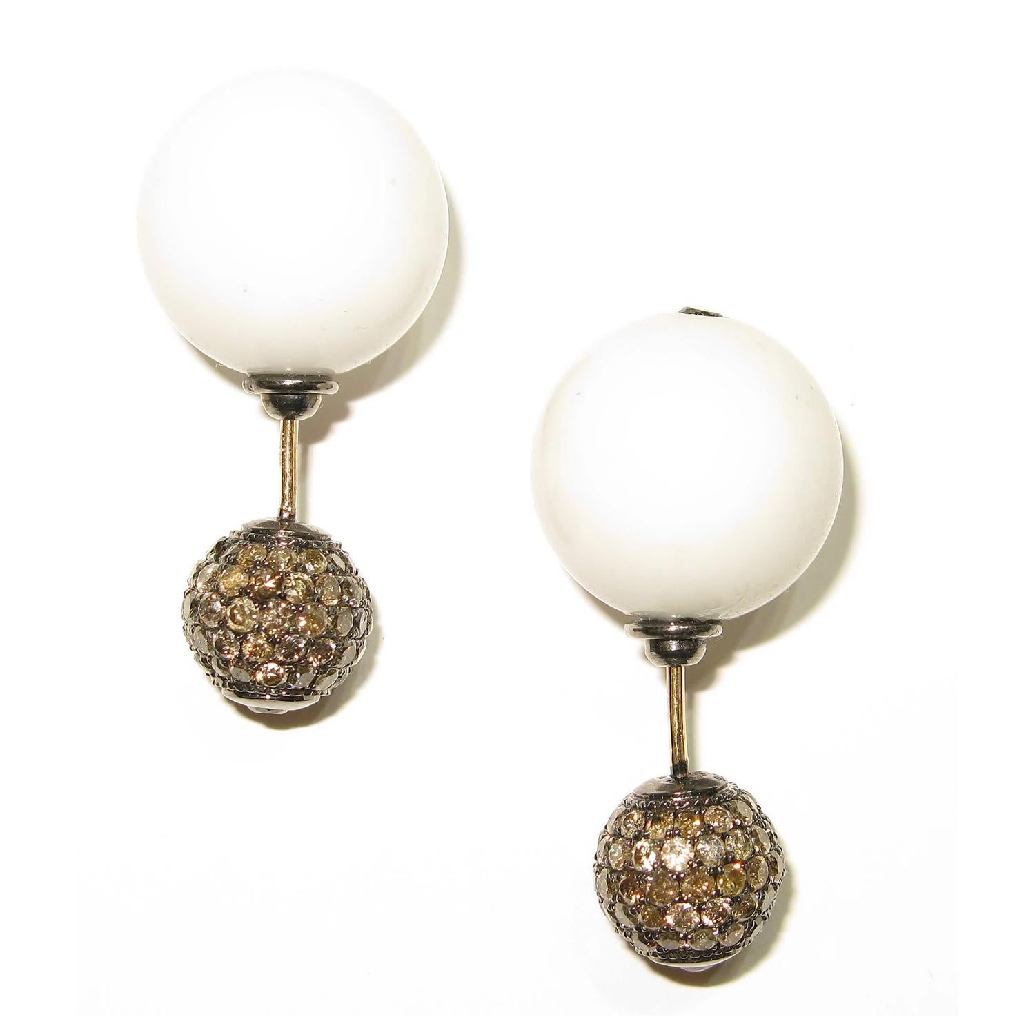 Contemporary White Opal Tunnel Earrings with Diamonds Made in 14k Gold & Silver For Sale