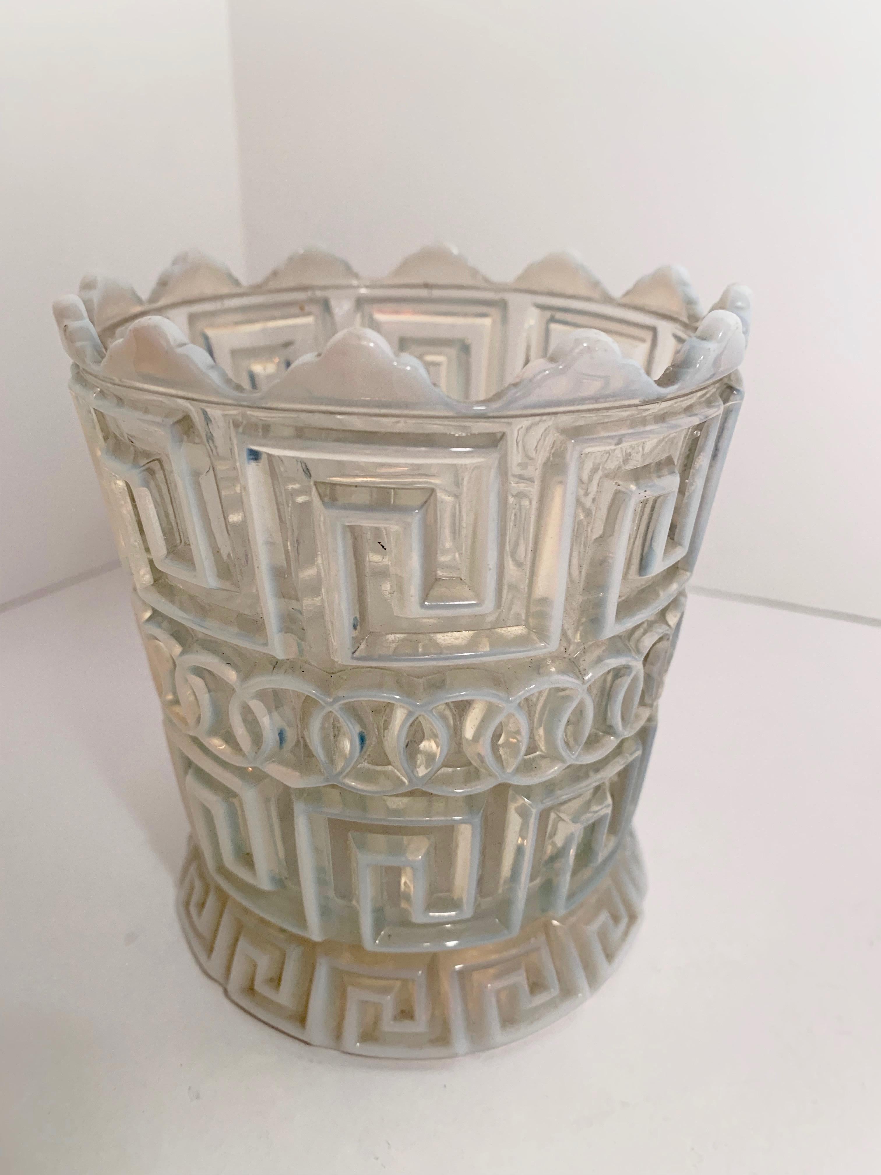 American White Opalescent Double Greek Key Vase