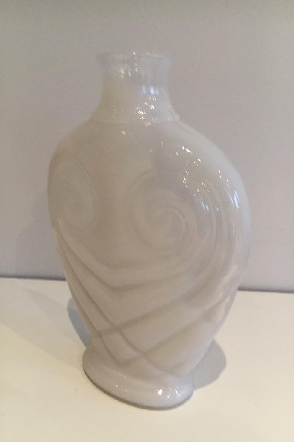 Mid-Century Modern White Opalin Glass Owl Vase. French Work. Circa 1970 For Sale