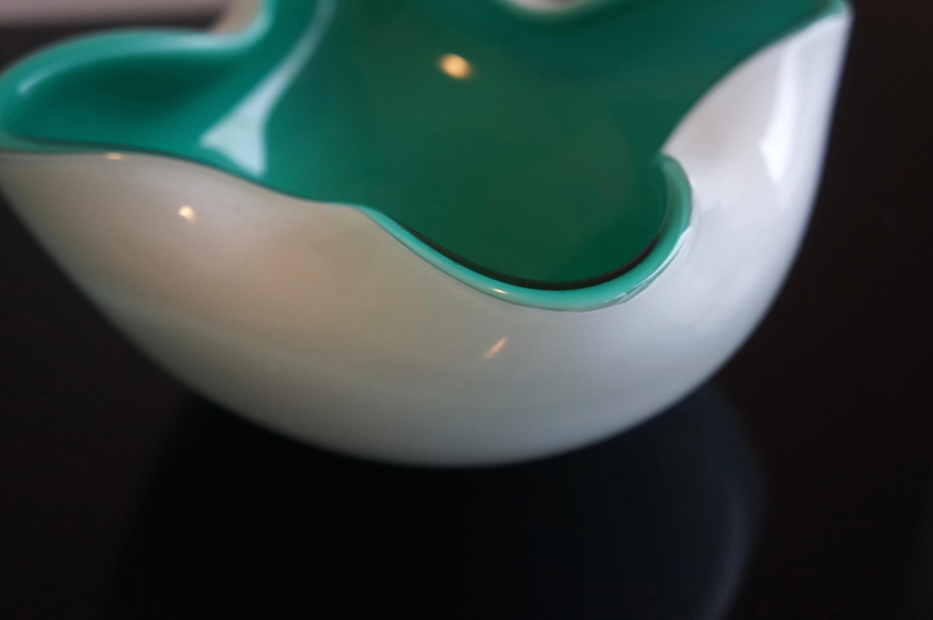 Mid-Century Modern White Opaline And Aqua Green Murano Art Glass Decorative Bowl For Sale