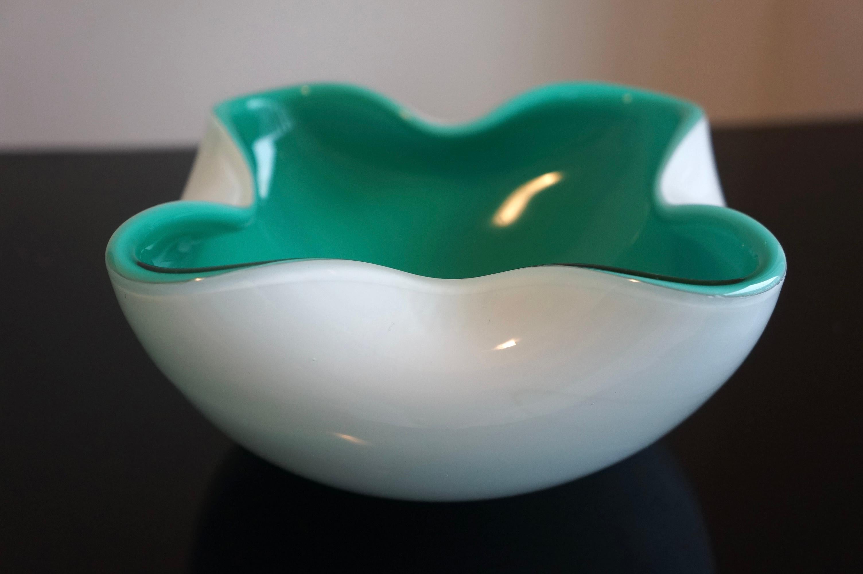Mid-Century Modern White Opaline And Aqua Green Murano Art Glass Decorative Bowl For Sale