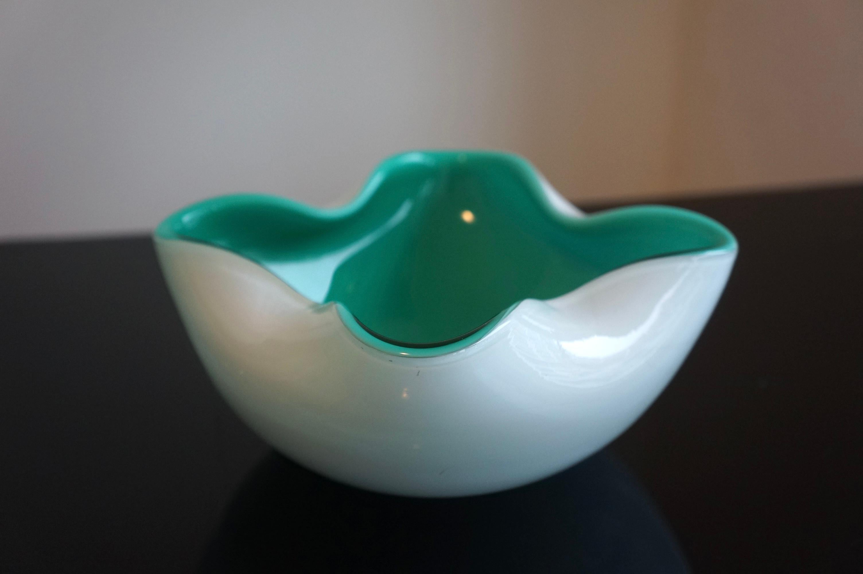 Italian White Opaline And Aqua Green Murano Art Glass Decorative Bowl For Sale