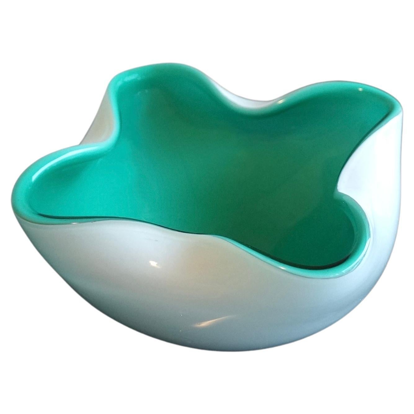 White Opaline And Aqua Green Murano Art Glass Decorative Bowl
