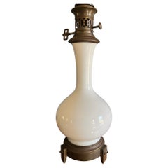 Antique White Opaline and Brass Lamp
