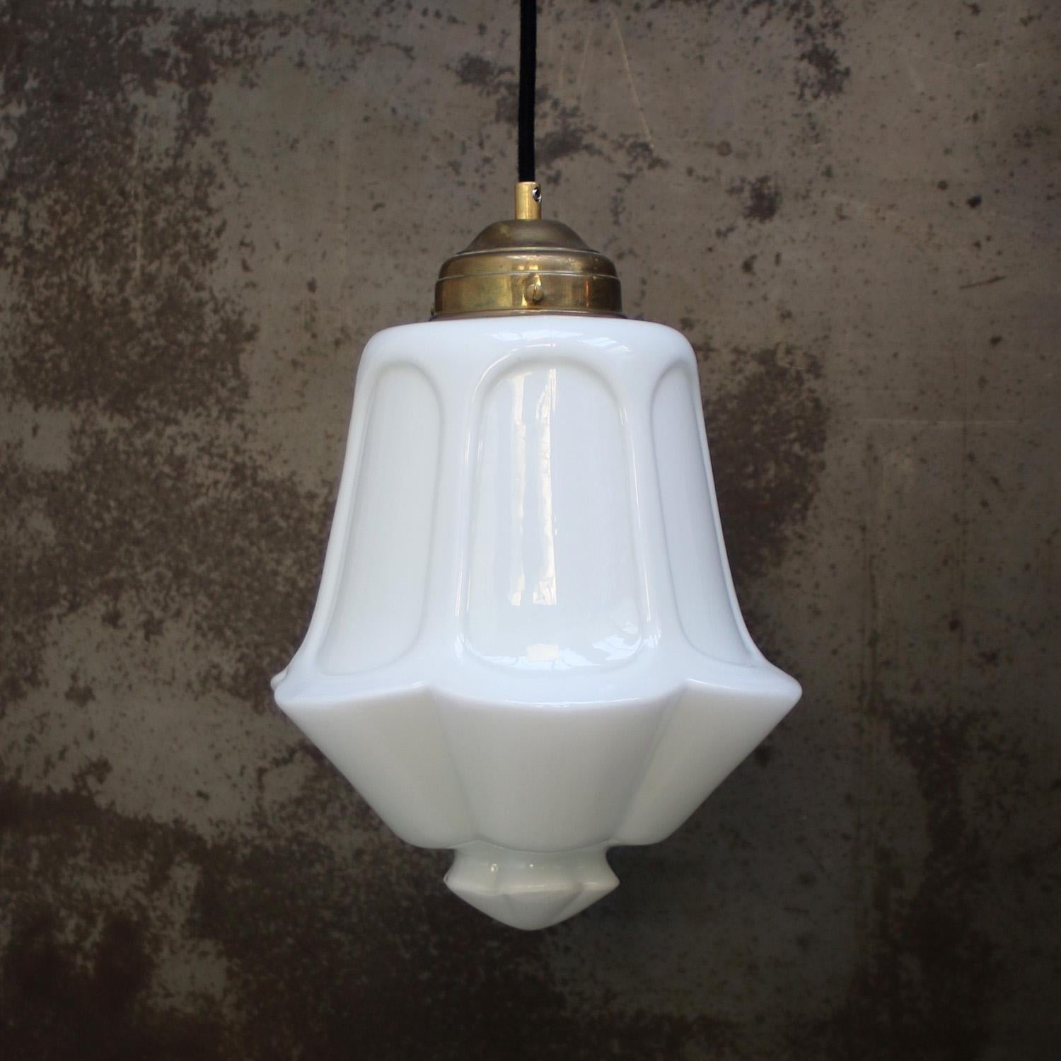 Mid-Century Modern White Opaline and Brass Pendant Lights