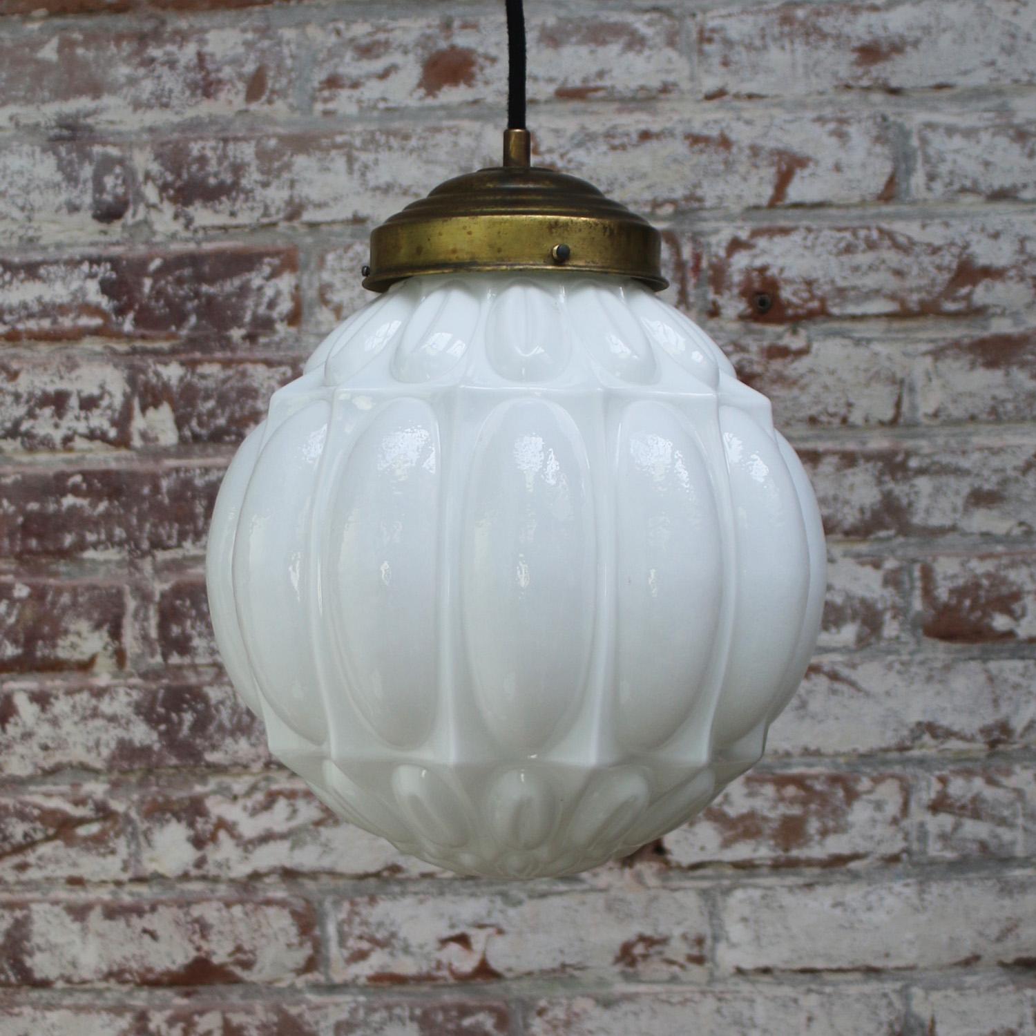 German White Opaline and Brass Pendant Lights For Sale
