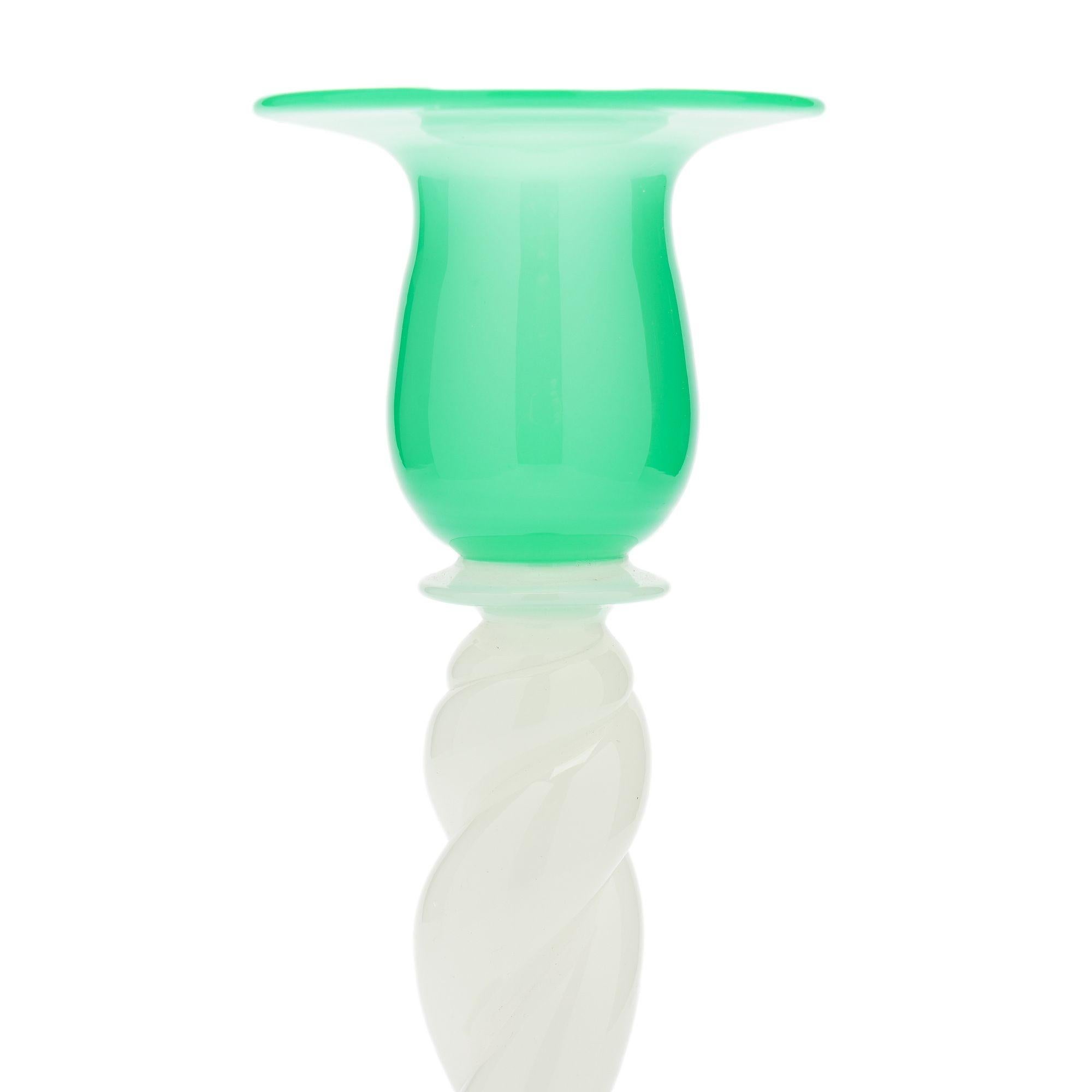 American White opaline and jade glass candlestick by Steuben, c. 1925 For Sale
