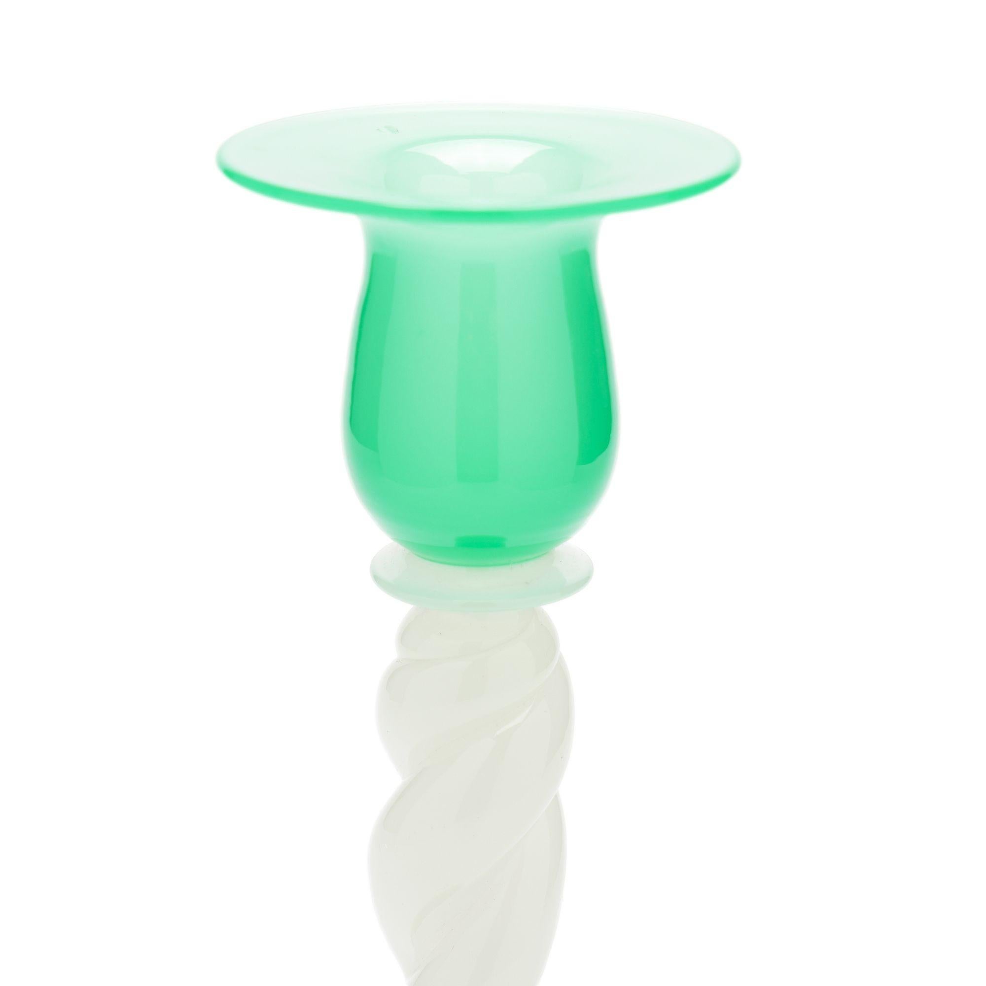 White opaline and jade glass candlestick by Steuben, c. 1925 In Good Condition For Sale In Kenilworth, IL