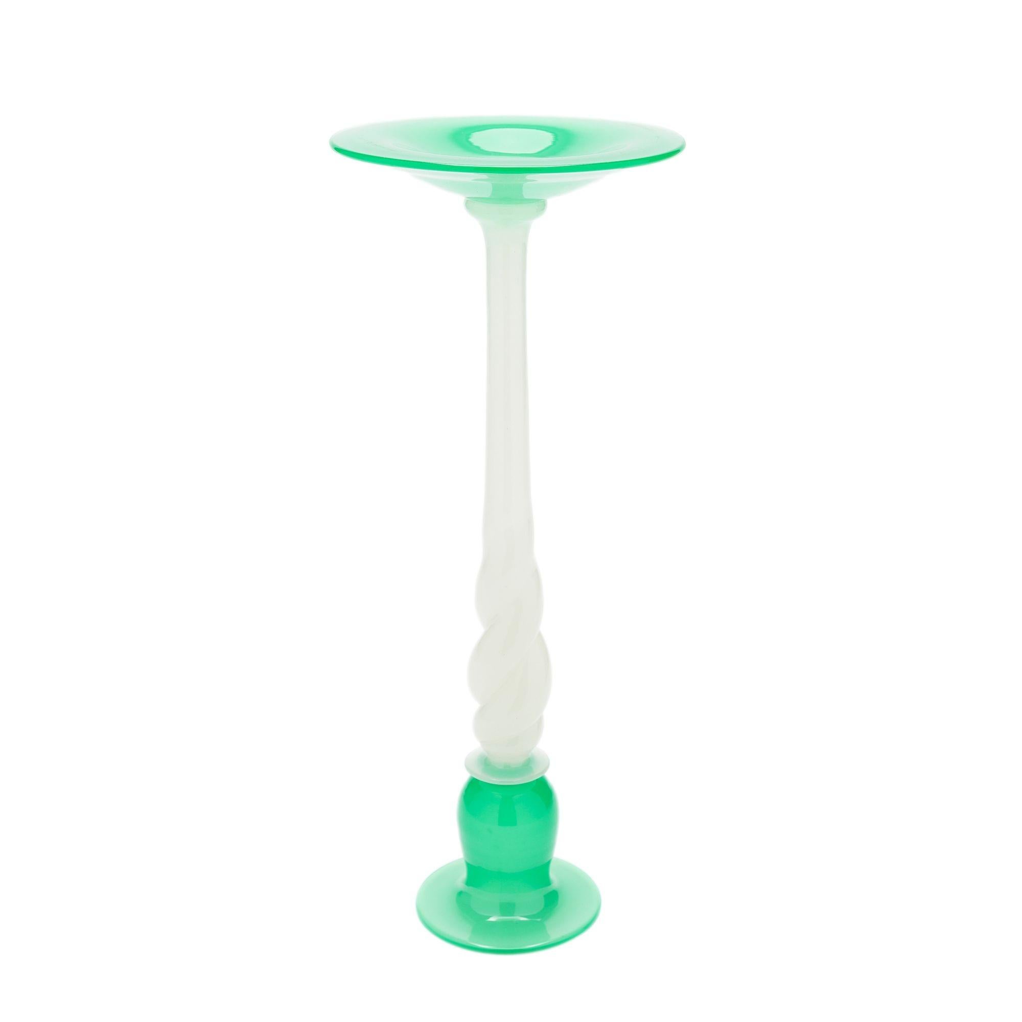 Early 20th Century White opaline and jade glass candlestick by Steuben, c. 1925 For Sale
