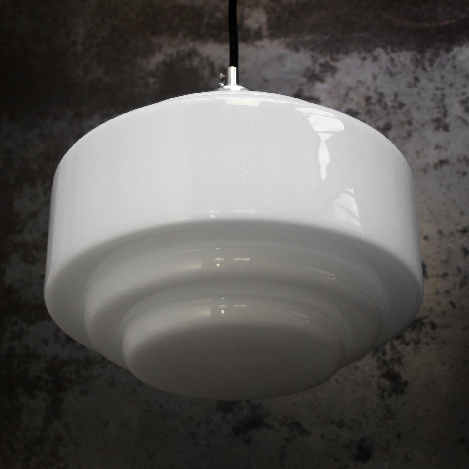 Nickel White Opaline Art Deco Glass Pendant Lamps For Sale