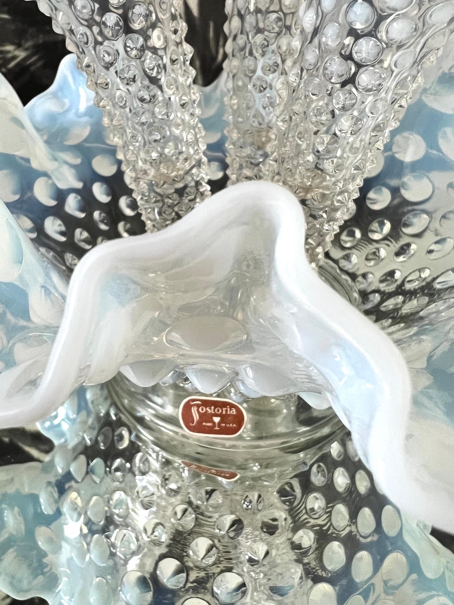 Blown Glass Fostoria White Opaline Hobnail Glass Epergne Vase, circa 1950s For Sale