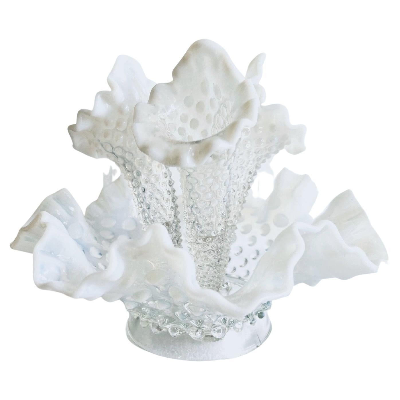 White Opaline Blown Glass Epergne Vase with Hobnail Design, c. 1950's