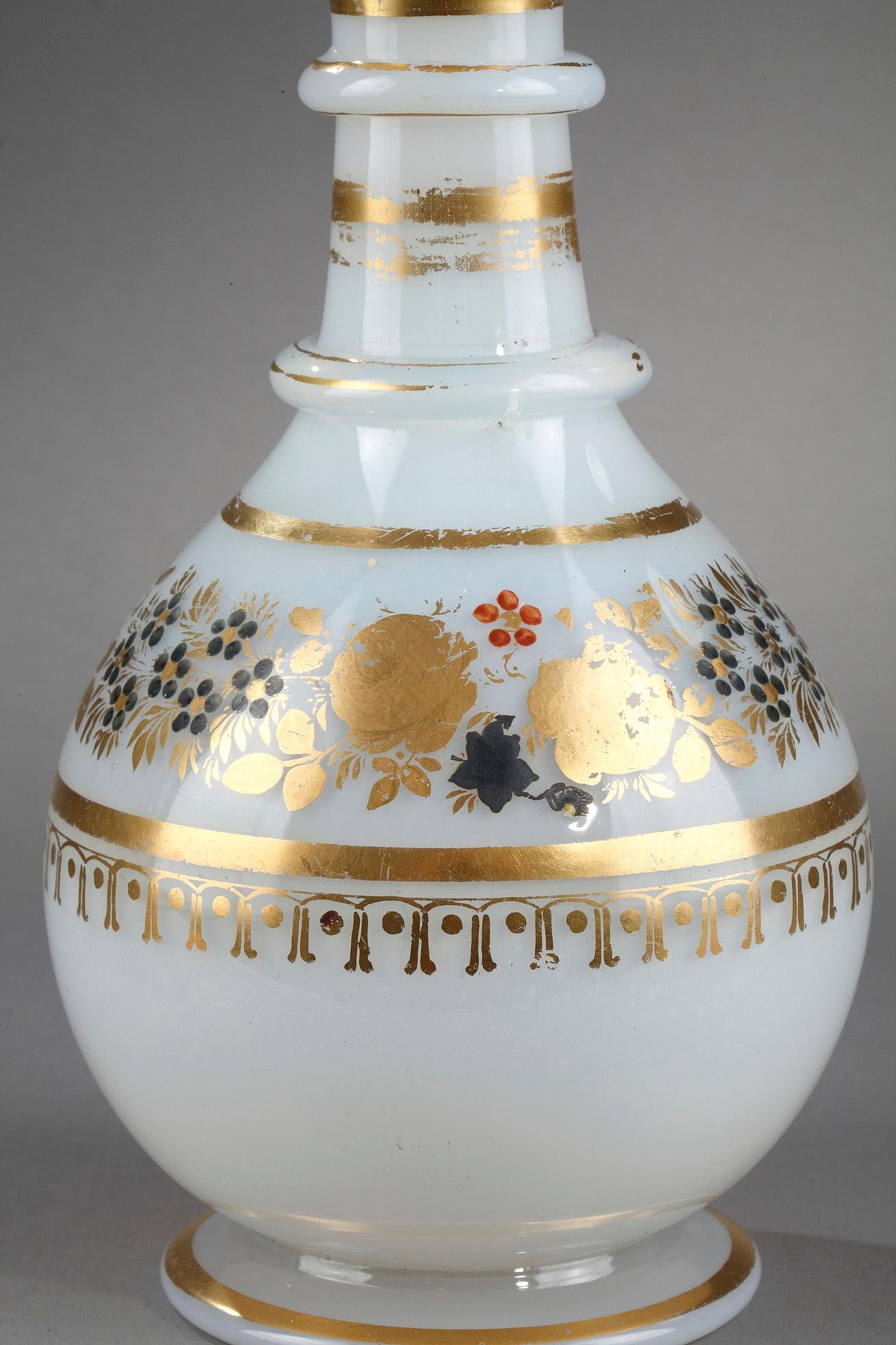 White Opaline Bottle with Desvignes Decoration For Sale 1