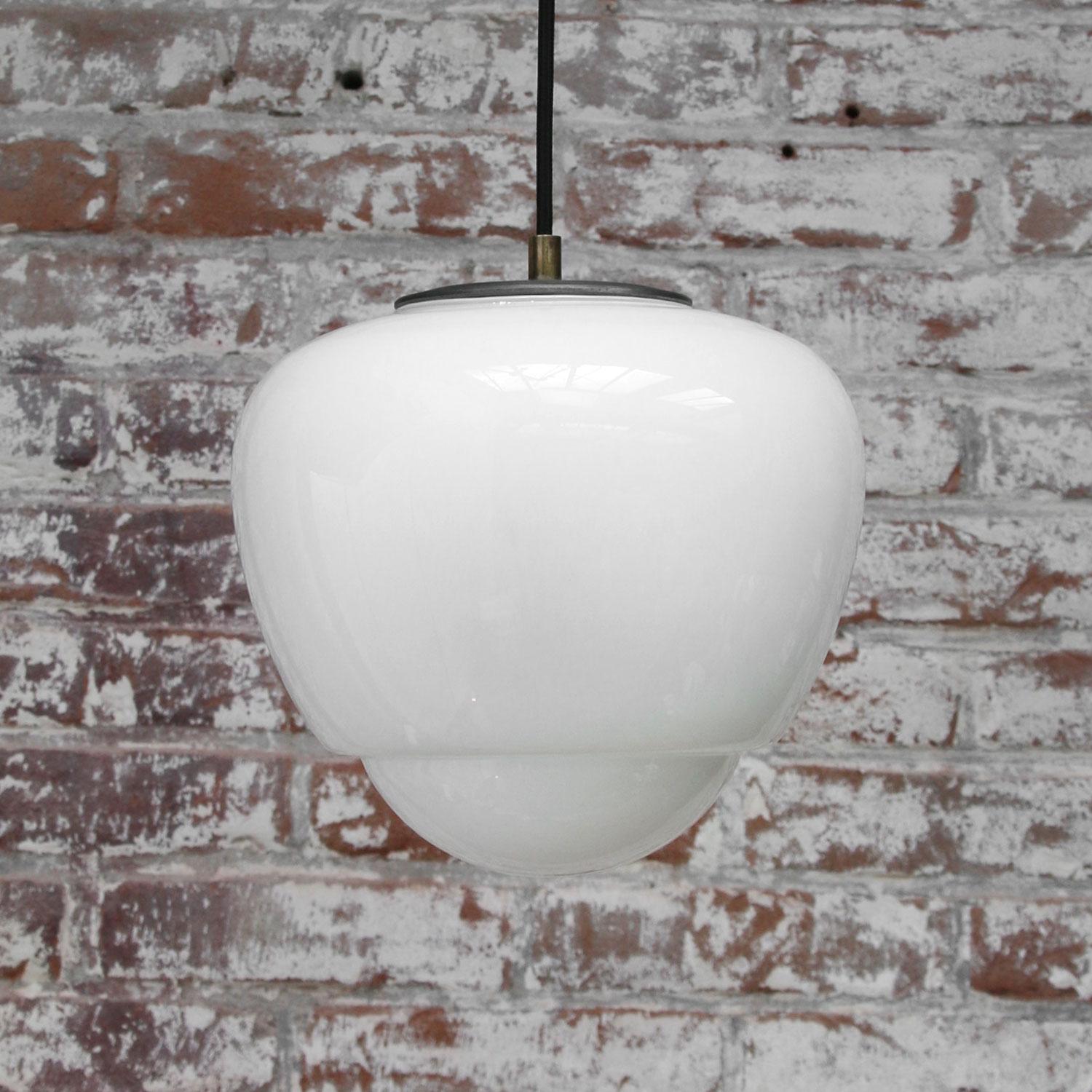 20th Century White Opaline Glass Brass Top Pendant Lights For Sale