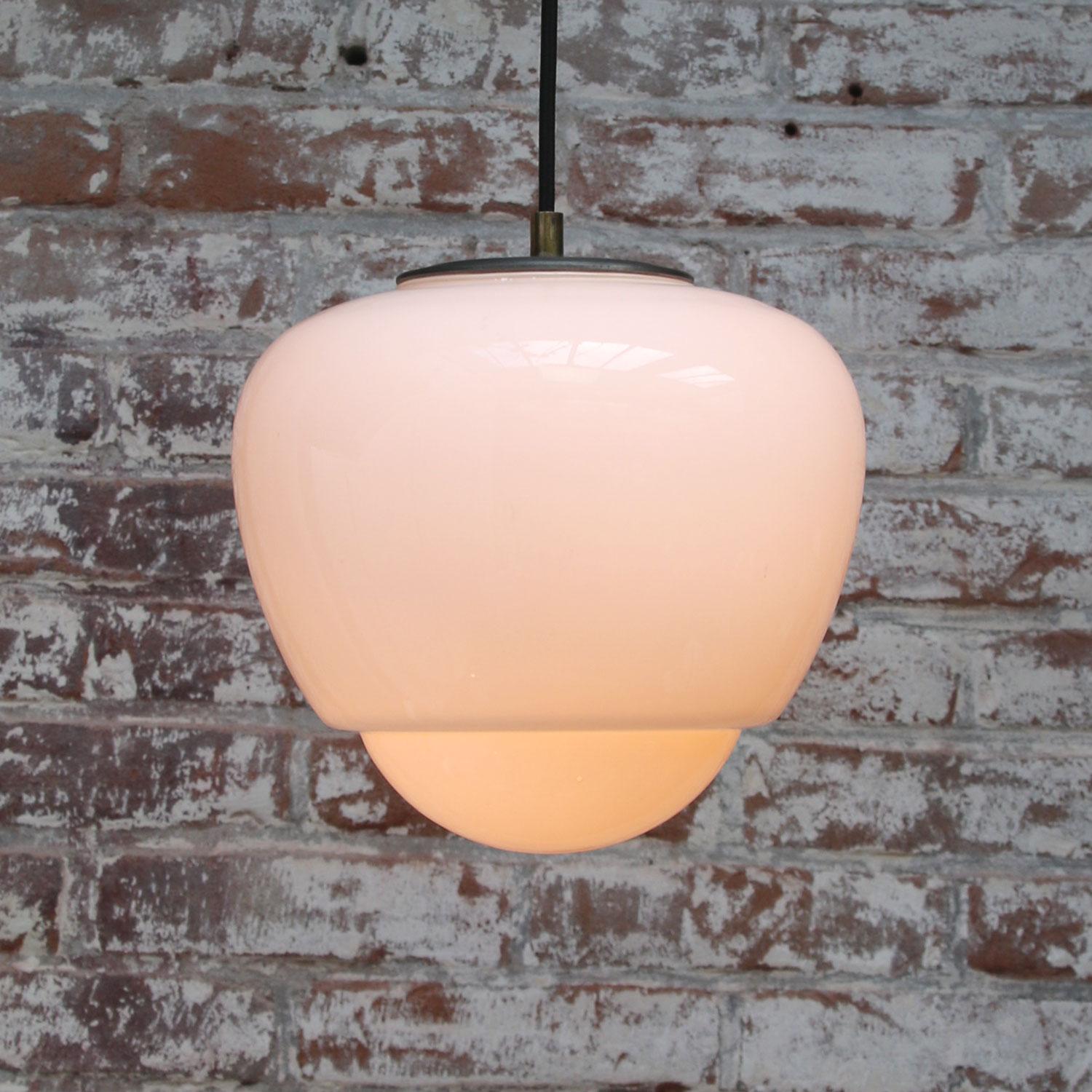 White Opaline Glass Brass Top Pendant Lights For Sale 1