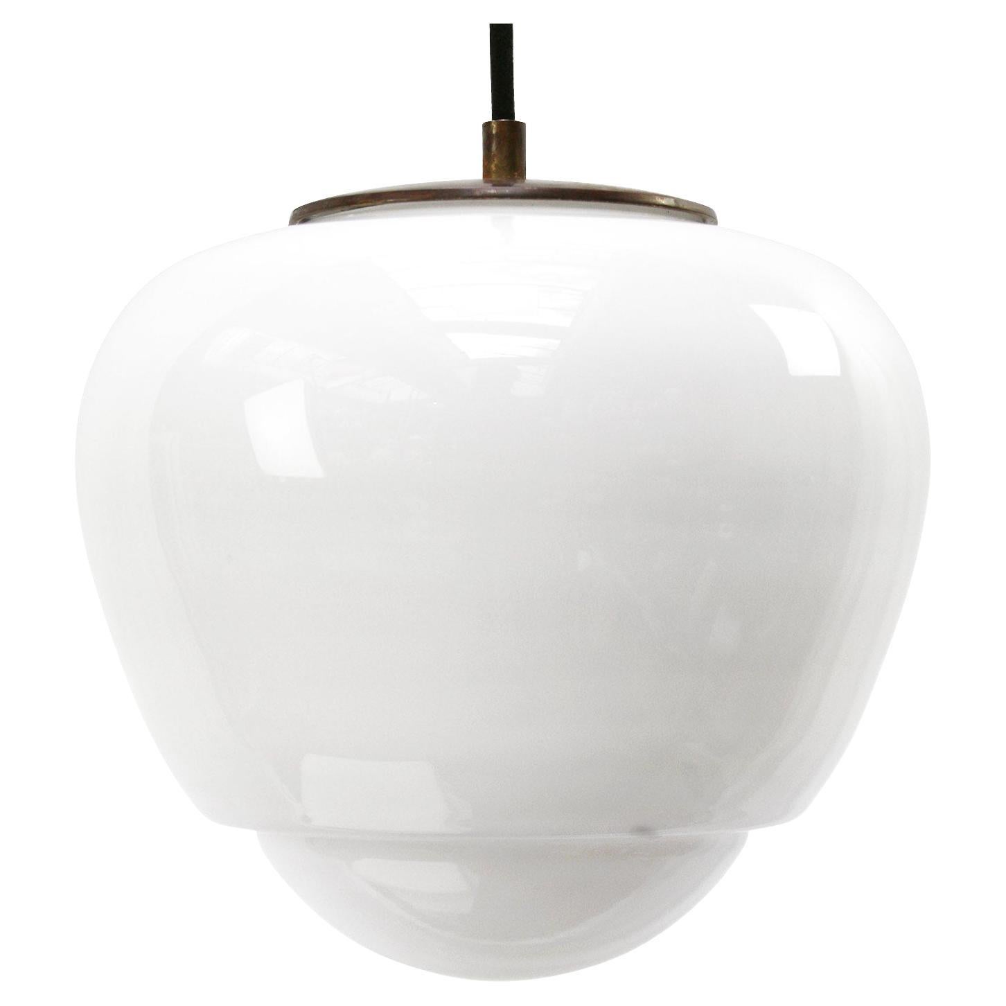 White Opaline Glass Brass Top Pendant Lights For Sale