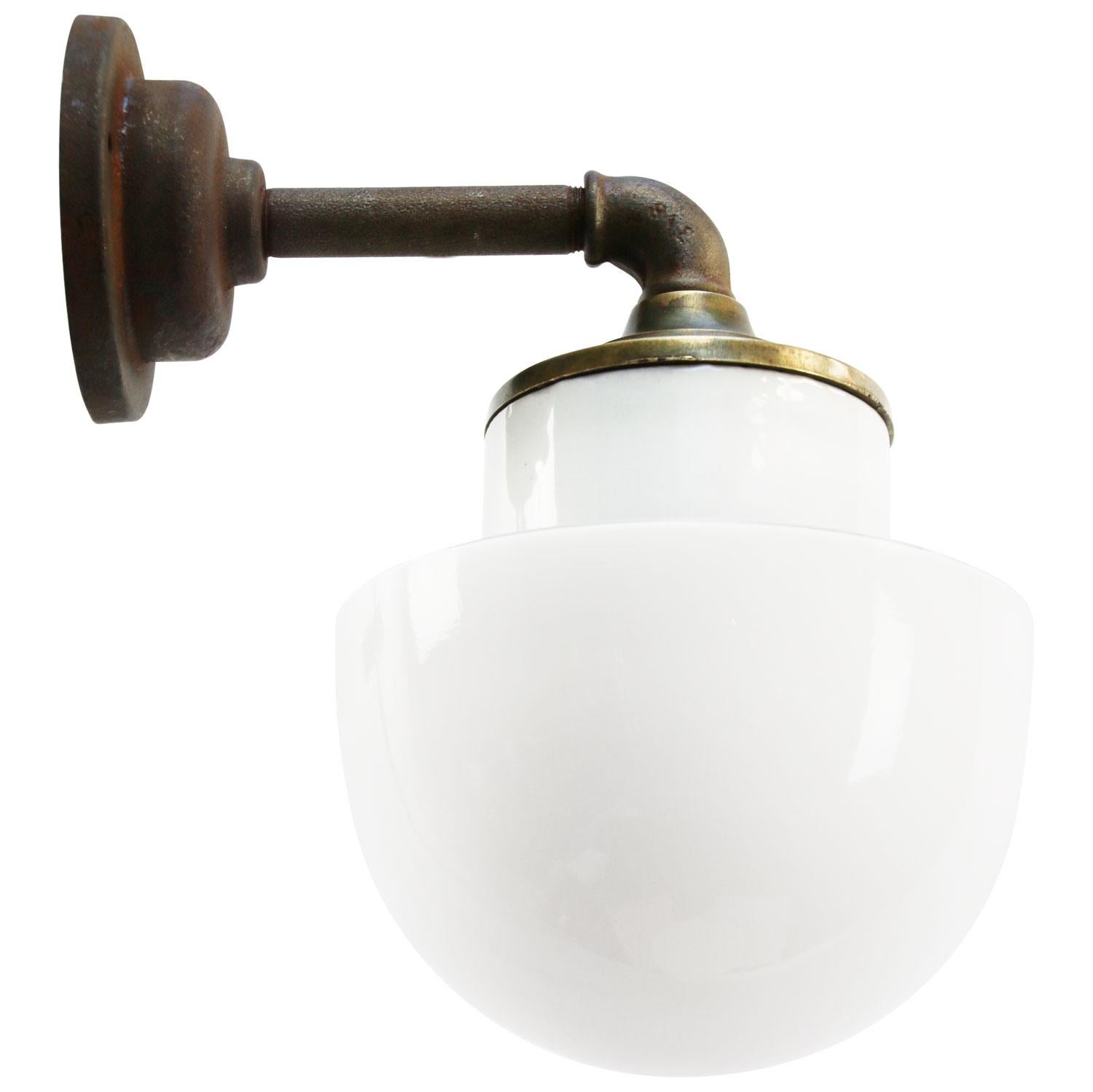 Industrial White Opaline Glass Brass Vintage Cast Iron Arm Scones Wall Lights