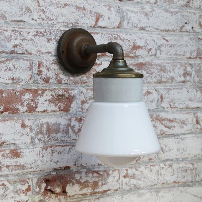 White Opaline Glass Brass Vintage Cast Iron Arm Scones Wall Lights In Good Condition For Sale In Amsterdam, NL