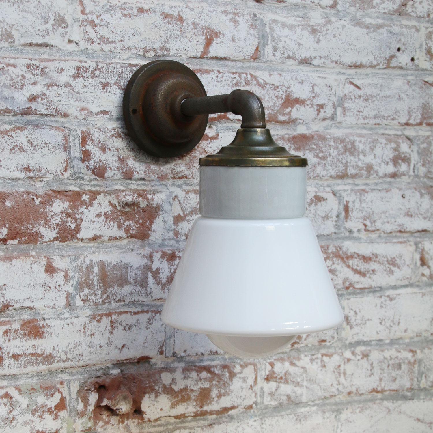 Dutch White Opaline Glass Brass Vintage Cast Iron Arm Scones Wall Lights