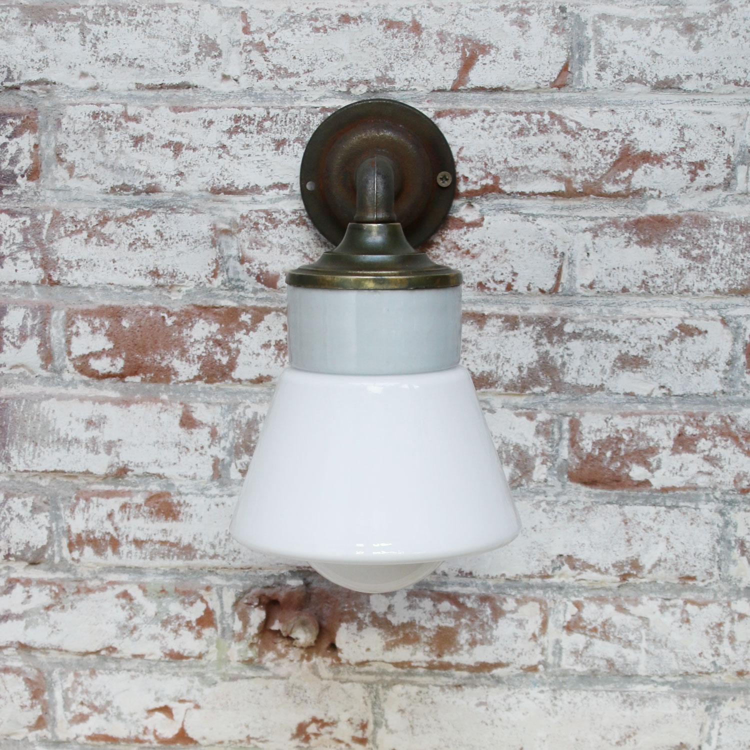 White Opaline Glass Brass Vintage Cast Iron Arm Scones Wall Lights In Good Condition In Amsterdam, NL
