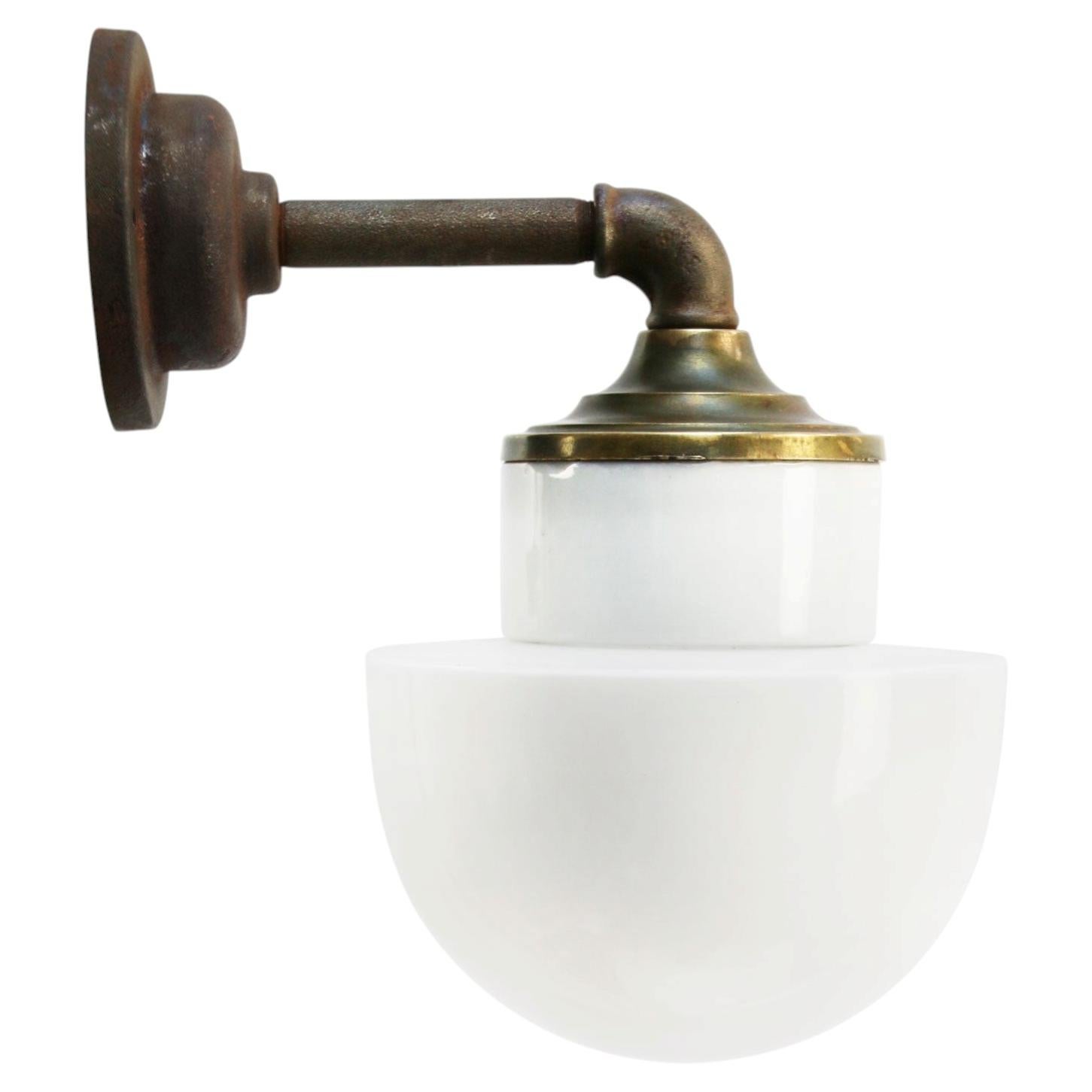 White Opaline Glass Brass Vintage Cast Iron Arm Scones Wall Lights
