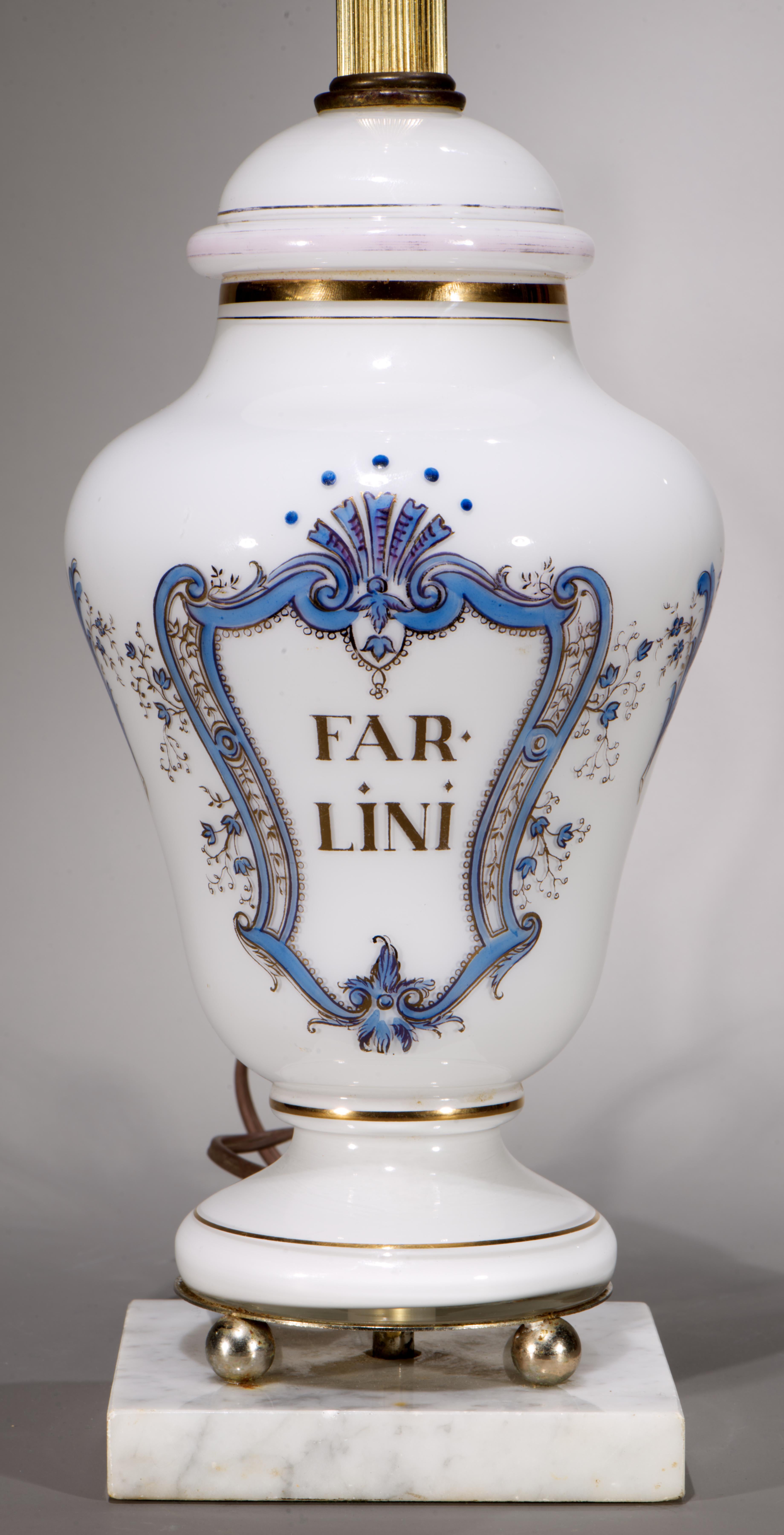 Gold White Opaline Glass & Marble Apothecary Jar Table Lamp, 1940s-1950s For Sale