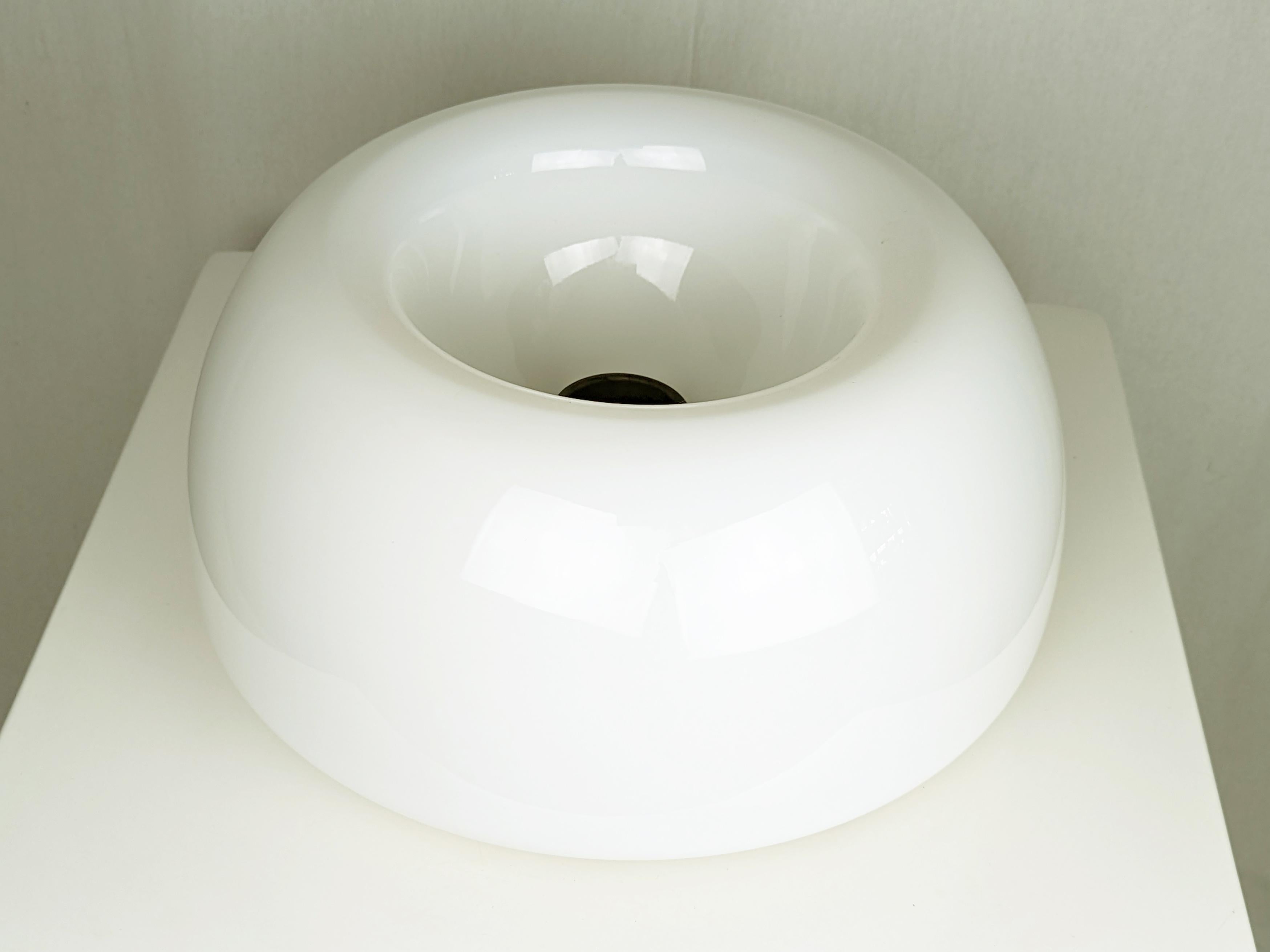 Diese Velella-Lampe kann als Wandleuchte oder als Deckenleuchte verwendet werden. Sie besteht aus einem lackierten Metallrahmen mit verstellbaren Halterungen und einem Schirm aus Opalglas. 
Dieses Modell bietet nur die externe E27-Fassung, nicht