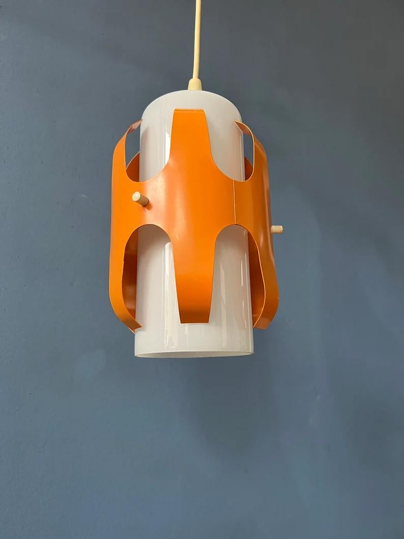 White Opaline Glass Pendant Lamp with Orange Iron Frame, 1970s For Sale 5