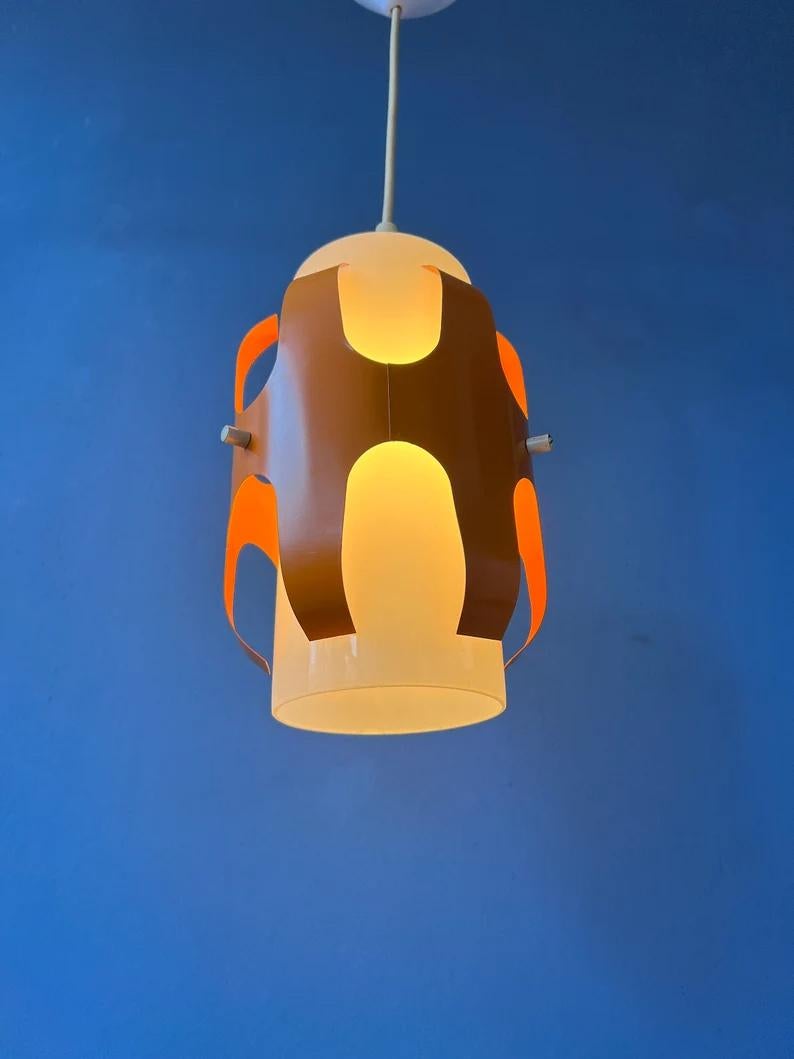 White Opaline Glass Pendant Lamp with Orange Iron Frame, 1970s In Excellent Condition For Sale In ROTTERDAM, ZH