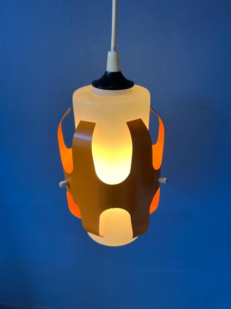 20th Century White Opaline Glass Pendant Lamp with Orange Iron Frame, 1970s For Sale