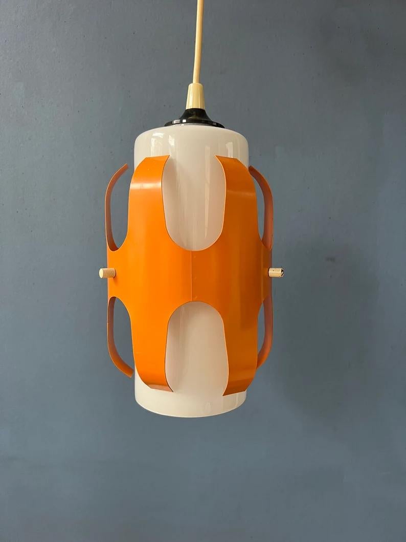 Metal White Opaline Glass Pendant Lamp with Orange Iron Frame, 1970s For Sale